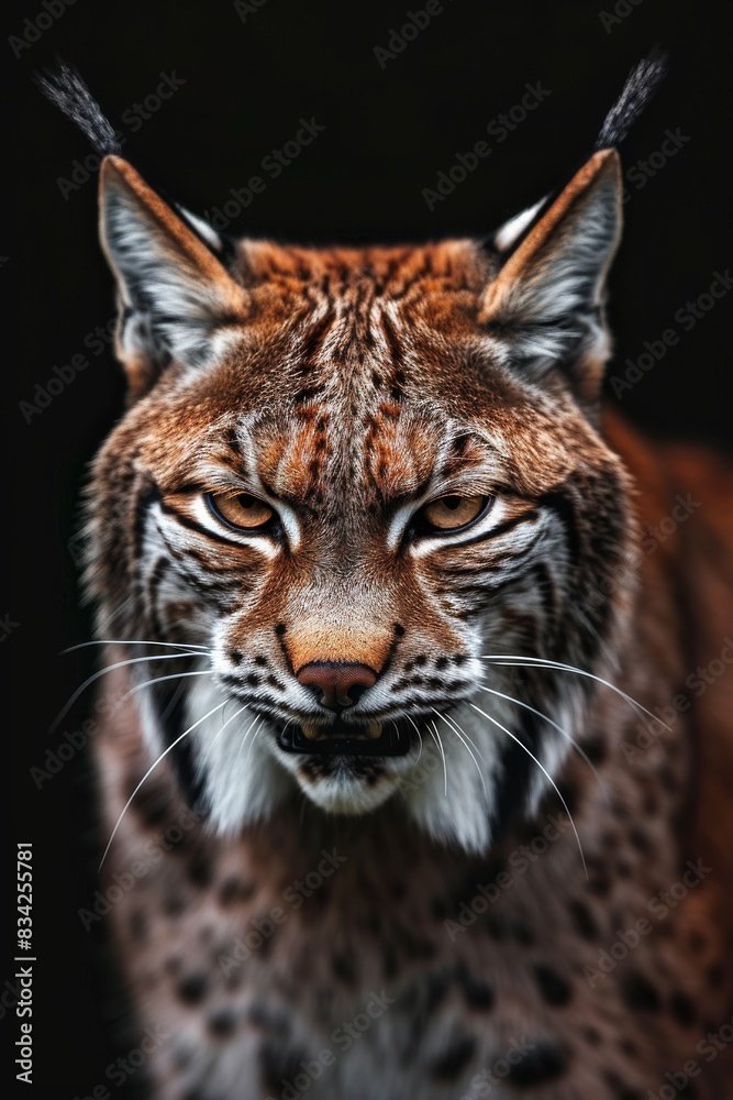 Mystic portrait of Lynx canadensis in studio, copy space on right side, Anger, Menacing, Headshot, Close-up View Isolated on black background Mystic portrait of Lynx canadensis in studio, copy space on right side, Anger, Menacing, Headshot, Close-up View Isolated on black background