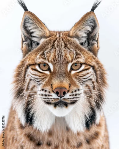 Fototapeta samoprzylepna Mystic portrait of Lynx canadensis, copy space on right side, Anger, Menacing, Headshot, Close-up View Isolated on white background