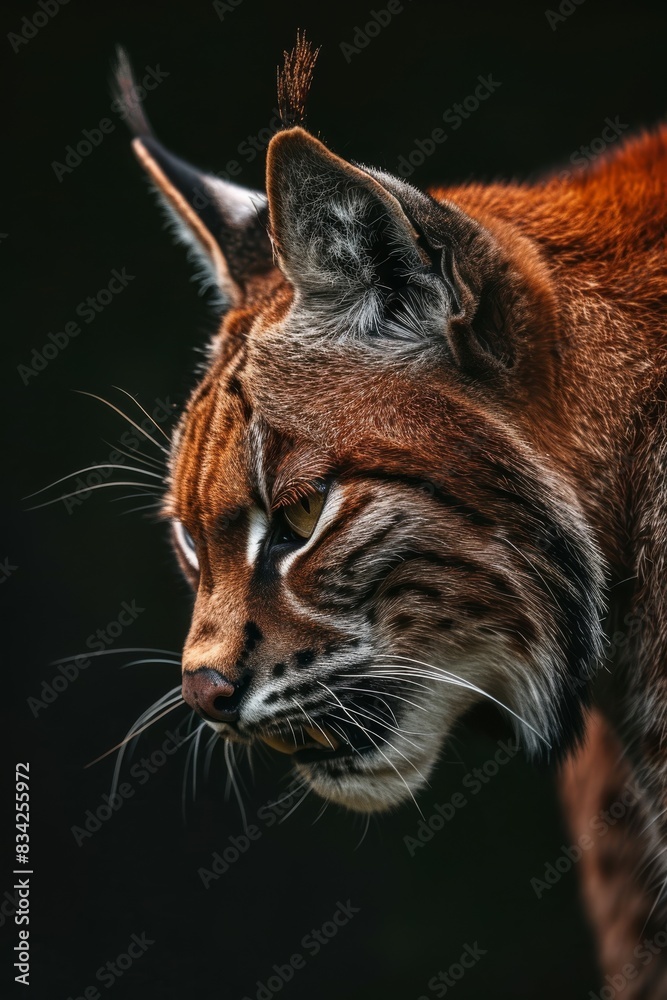 Fototapeta premium Mystic portrait of lynx caracal in studio, copy space on right side, Anger, Menacing, Headshot, Close-up View Isolated on black background
