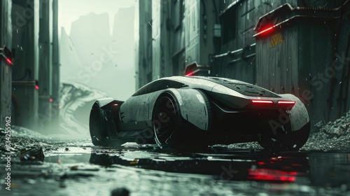 Futuristic car in a rainy dystopian city alley