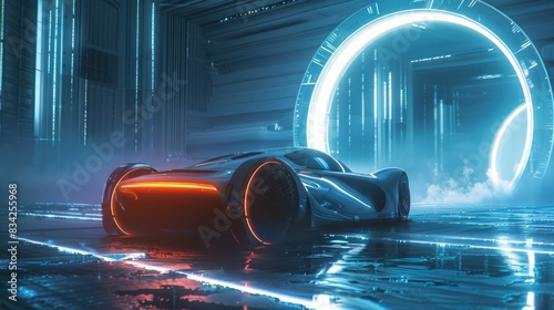 Futuristic car in a neon lit digital cityscape