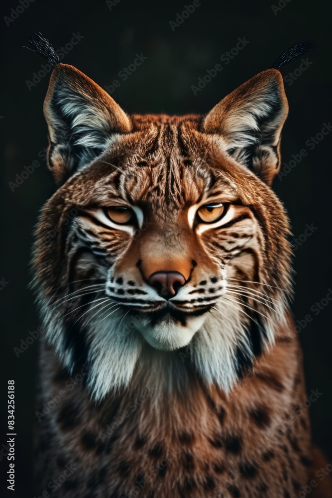 Mystic portrait of Lynx iberia in studio, copy space on right side, Anger, Menacing, Headshot, Close-up View Isolated on black background Mystic portrait of Lynx iberia in studio, copy space on right side, Anger, Menacing, Headshot, Close-up View Isolated on black background