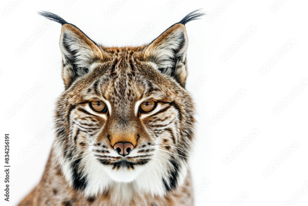 Mystic portrait of Lynx iberia studio, copy space on right side, Anger, Menacing, Headshot, Close-up View Isolated on white background Mystic portrait of Lynx iberia studio, copy space on right side, Anger, Menacing, Headshot, Close-up View Isolated on white background