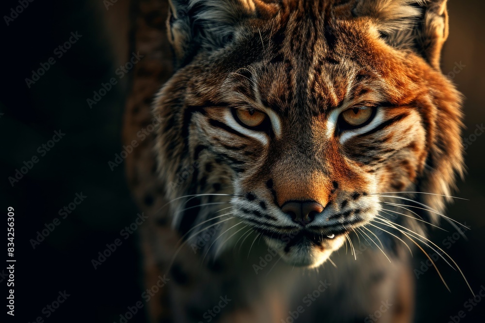 Mystic portrait of Lynx lynx a in studio, copy space on right side, Anger, Menacing, Headshot, Close-up View Isolated on black background Mystic portrait of Lynx lynx a in studio, copy space on right side, Anger, Menacing, Headshot, Close-up View Isolated on black background