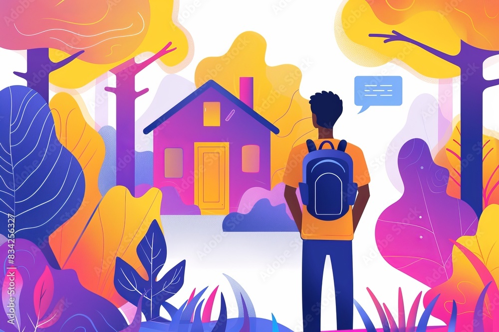Autumn-themed illustration of a person standing outside a smart home, highlighting the blend of nature and modern technology in residential design