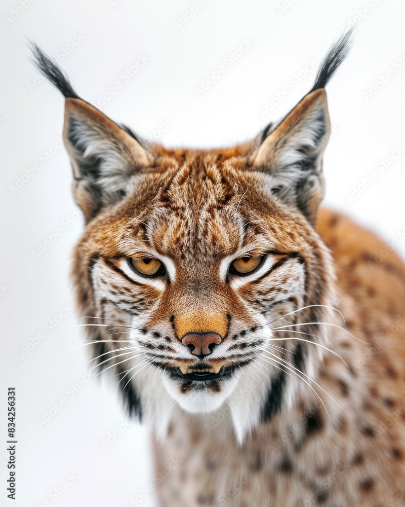 Mystic portrait of Lynx lynx, copy space on right side, Anger, Menacing, Headshot, Close-up View Isolated on white background Mystic portrait of Lynx lynx, copy space on right side, Anger, Menacing, Headshot, Close-up View Isolated on white background