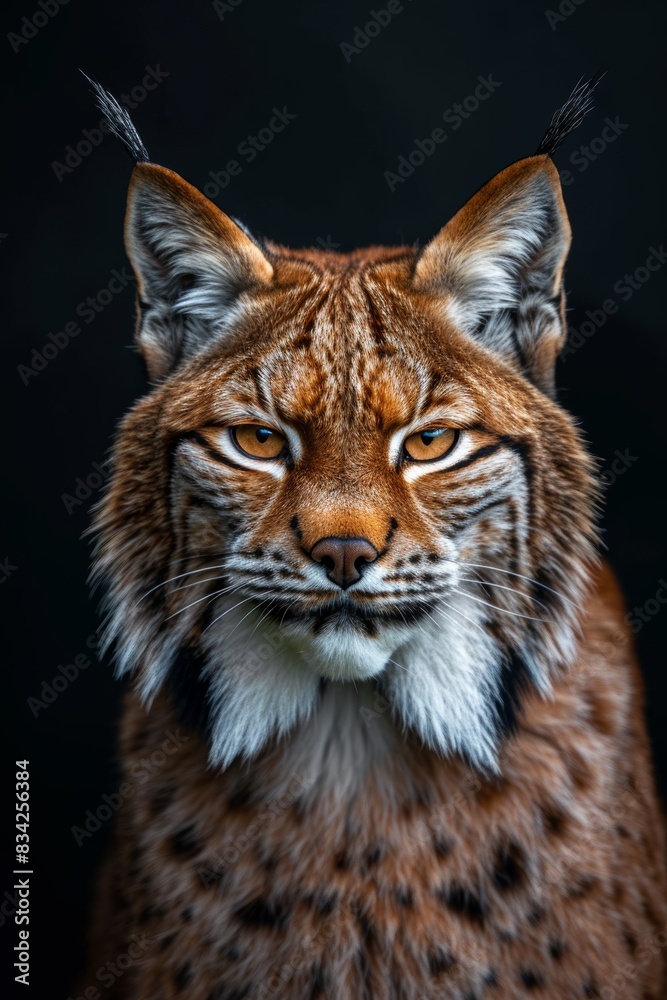 Obraz premium Mystic portrait of Lynx lynx in studio, copy space on right side, Anger, Menacing, Headshot, Close-up View Isolated on black background