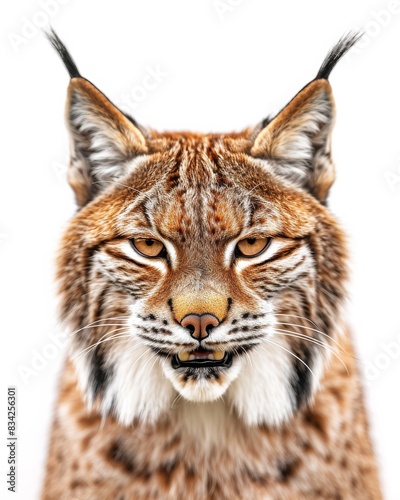 Mystic portrait of Lynx lynx, copy space on right side, Anger, Menacing, Headshot, Close-up View Isolated on white background