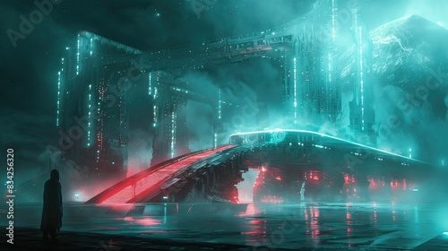 Futuristic city with glowing neon lights at night