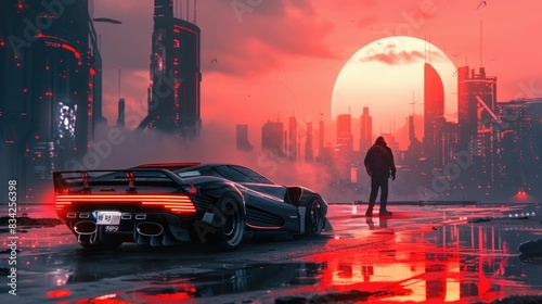 Futuristic cityscape with car at sunset