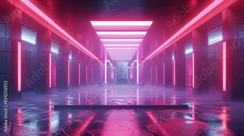 Futuristic hallway with neon pink lighting