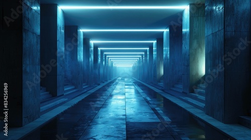 Futuristic illuminated corridor with blue lights