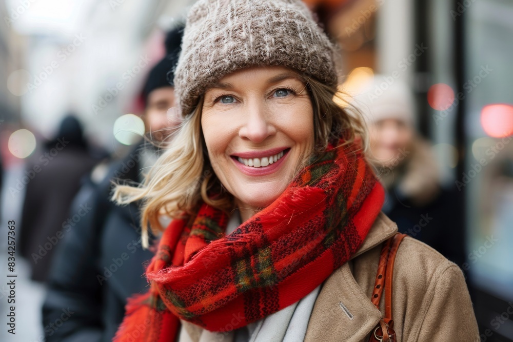 Close up portrait of beautiful middle aged woman in winter hat and scarf Close up portrait of beautiful middle aged woman in winter hat and scarf