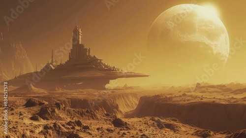 Futuristic spaceship on a desolate alien planet