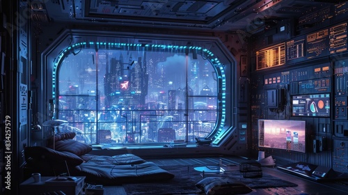 Futuristic room with a stunning cityscape view