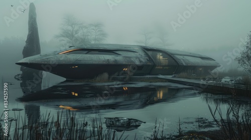 Futuristic spaceship docked on a misty lake
