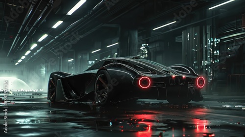 Futuristic supercar in a neon lit garage