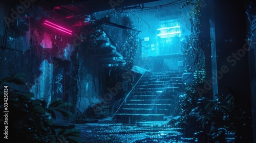Glowing neon alley illuminated by rain and lights