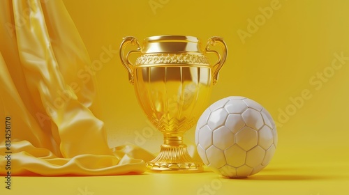 Golden trophy white soccer ball yellow backdrop