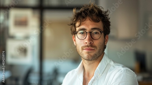 A man with glasses is standing in front of a wall with pictures on it