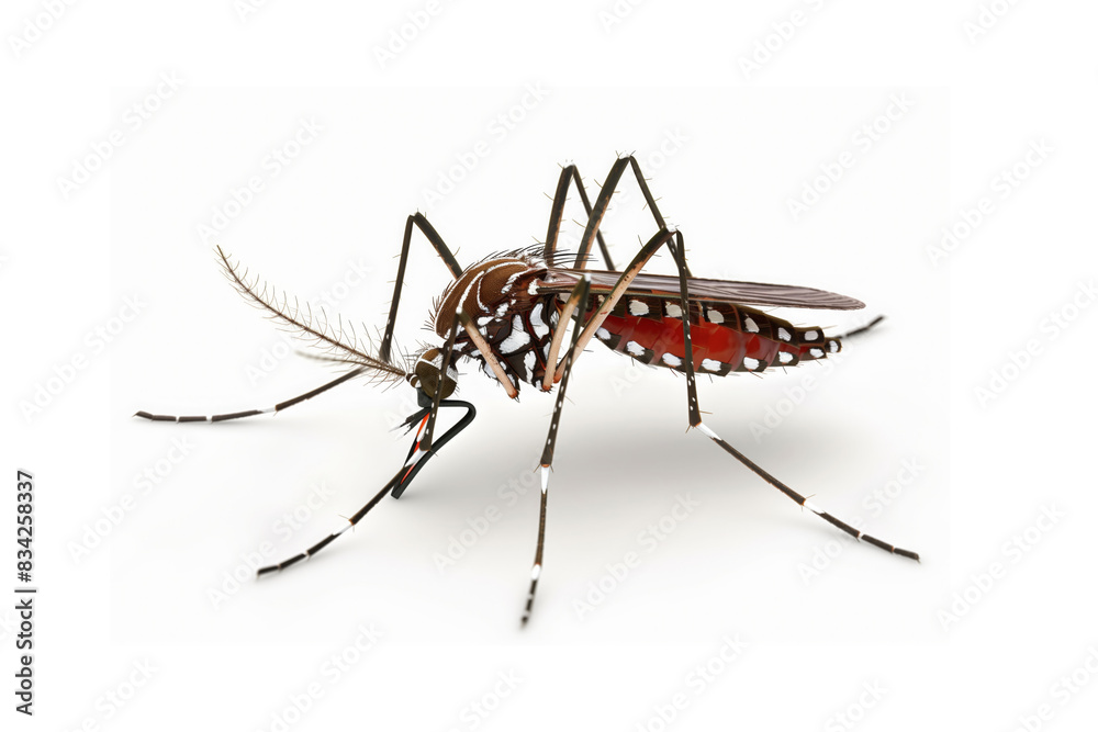 Close up macro photo of a dengue mosquito isolated on white background Close up macro photo of a dengue mosquito isolated on white background