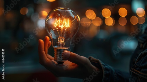 Hand holding a glowing light bulb at dusk