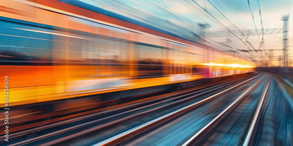 A close-up of a speeding train, with motion blur emphasizing its rapid transit through the landscape A close-up of a speeding train, with motion blur emphasizing its rapid transit through the landscape