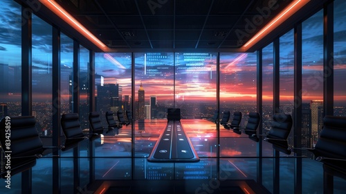 High tech conference room with city sunset view