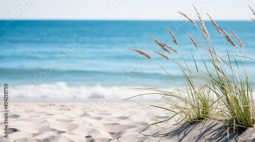 Serene beach scene with sand dunes, grasses, and calm ocean waves