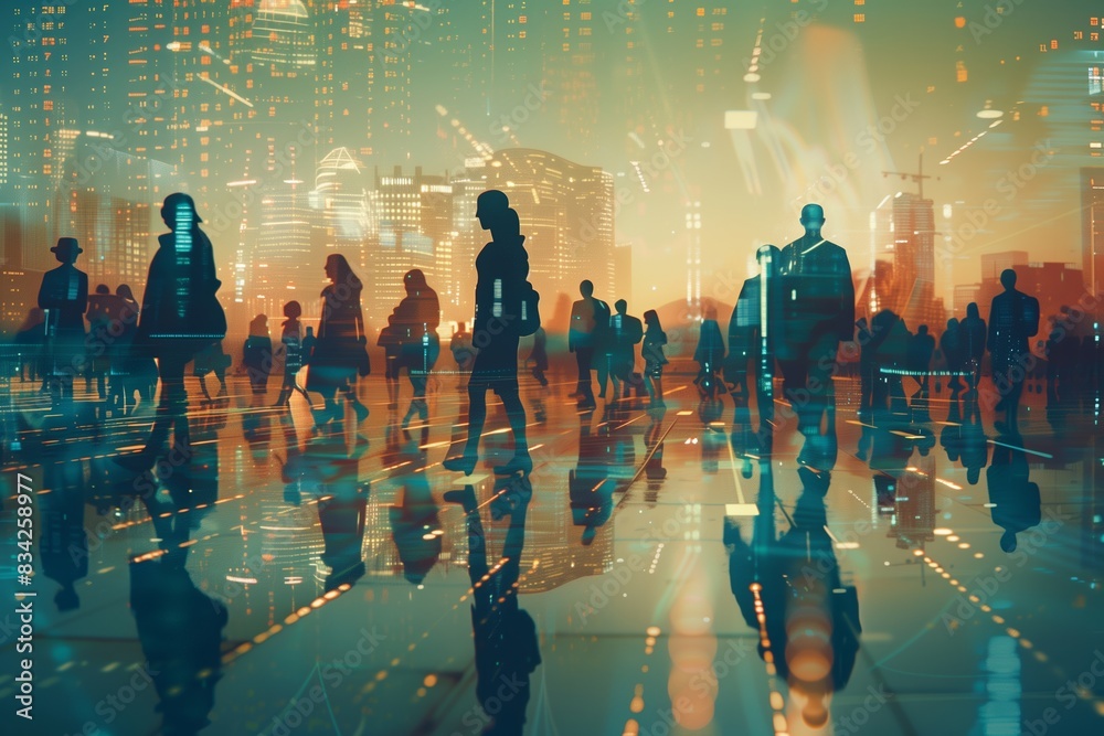 Silhouettes of people walking through a city, reflecting a network of connections Silhouettes of people walking through a city, reflecting a network of connections