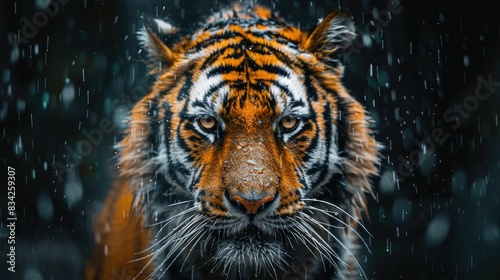 Majestic tiger standing in the rain