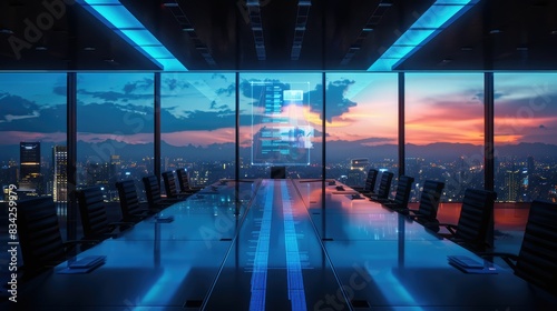 Modern boardroom with a sunset city view