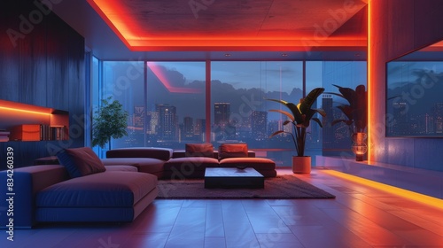 Modern living room with city skyline at dusk