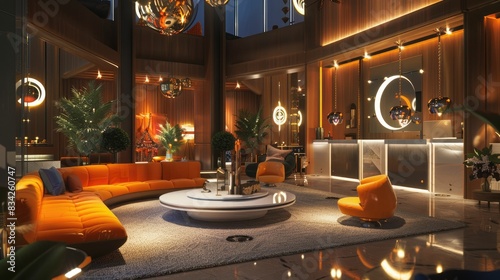 Modern luxury lounge with vibrant orange accents