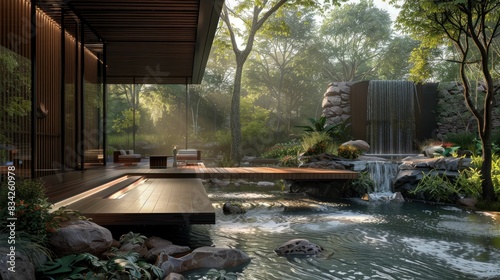 Modern patio with waterfall in a serene forest
