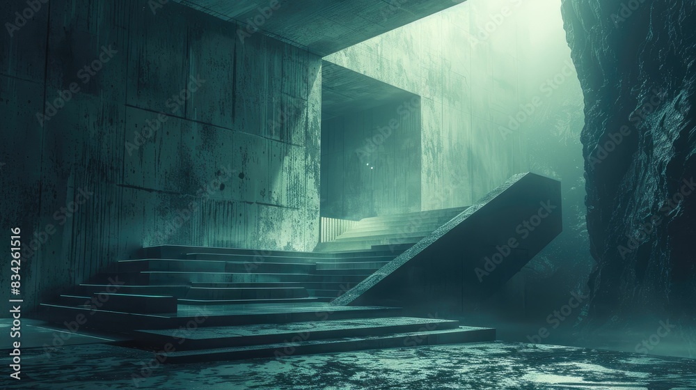 Mysterious stairway bathed in eerie green light