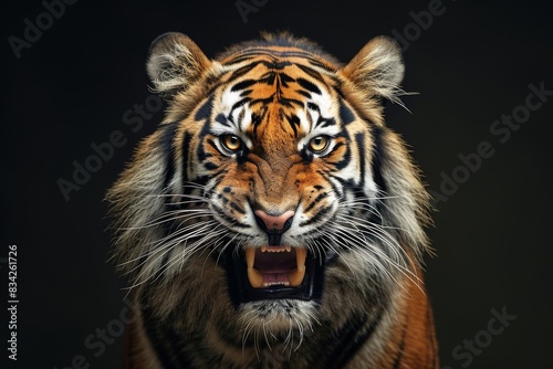 Mystic portrait of Bengal Tiger in studio  copy space on right side  Anger  Menacing  Headshot  Close-up View Isolated on black background