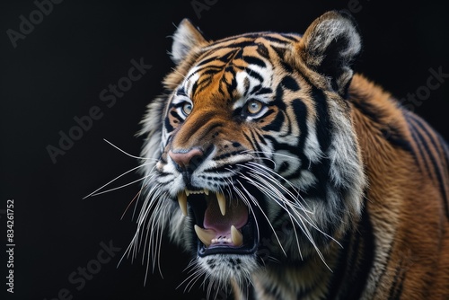 Mystic portrait of Bengal Tiger in studio  copy space on right side  Anger  Menacing  Headshot  Close-up View Isolated on black background