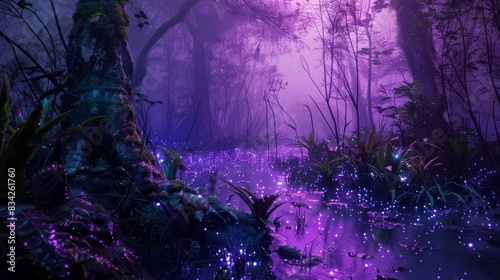 Enchanted purple forest at twilight, Magical landscape of a mystical purple forest illuminated by glowing flora