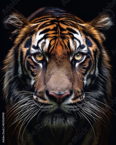 Mystic portrait of Indochinese Tiger  copy space on right side  Anger  Menacing  Headshot  Close-up View Isolated on black background