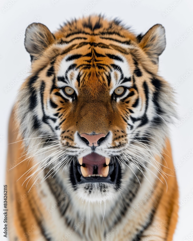 Fototapeta premium Mystic portrait of Siberian Tiger, copy space on right side, Anger, Menacing, Headshot, Close-up View Isolated on white background