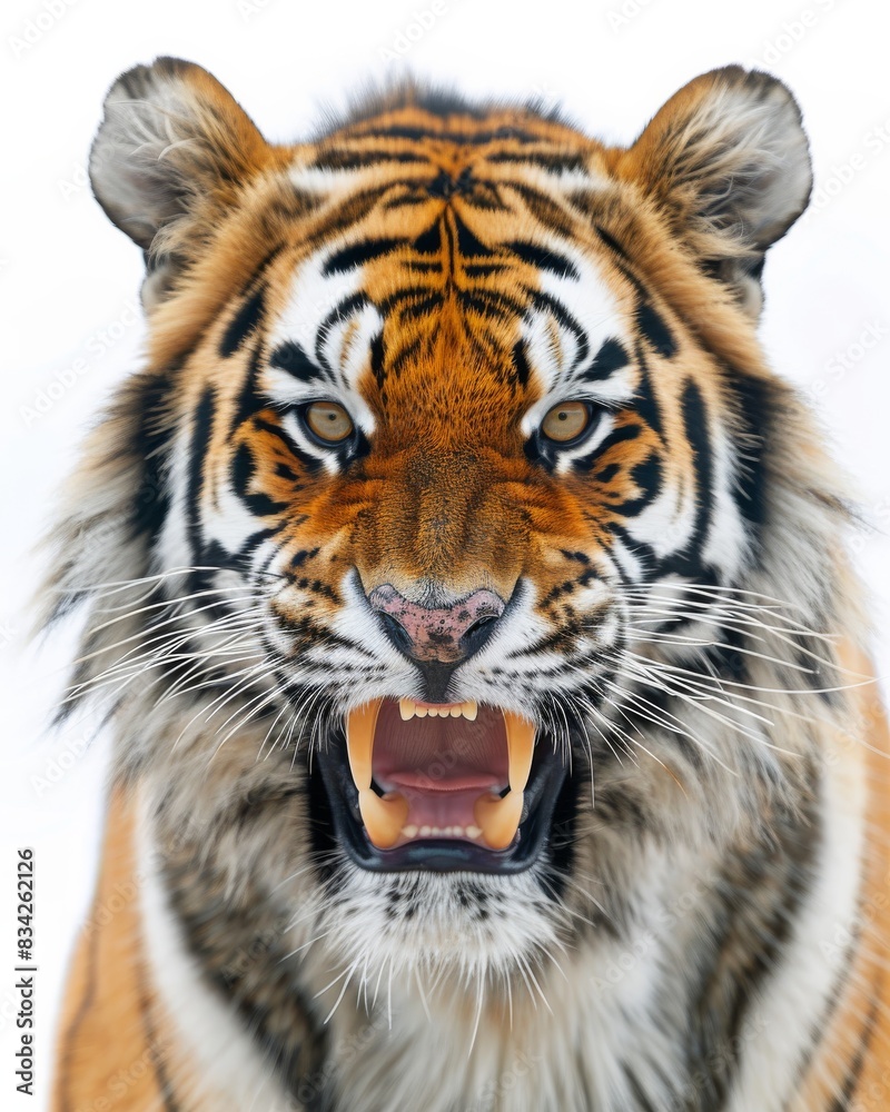Mystic portrait of Siberian Tiger, copy space on right side, Anger, Menacing, Headshot, Close-up View Isolated on white background Mystic portrait of Siberian Tiger, copy space on right side, Anger, Menacing, Headshot, Close-up View Isolated on white background
