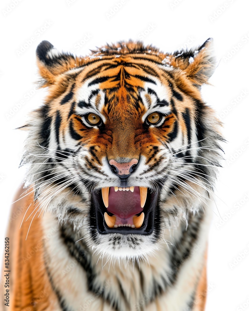 Obraz premium Mystic portrait of Siberian Tiger, copy space on right side, Anger, Menacing, Headshot, Close-up View Isolated on white background
