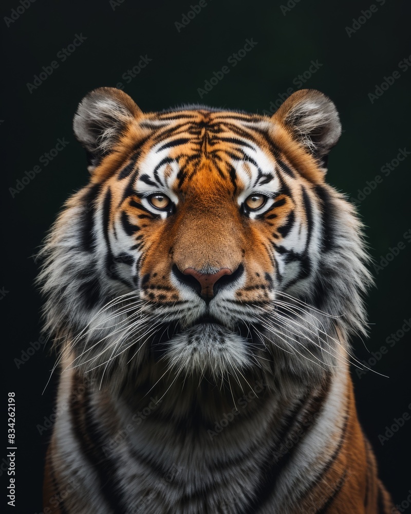 Naklejka premium Mystic portrait of Siberian Tiger, copy space on right side, Anger, Menacing, Headshot, Close-up View Isolated on black background