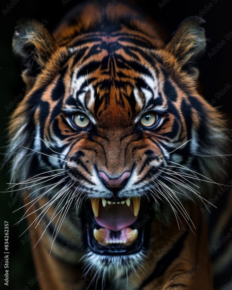 Mystic portrait of Sumatran Tiger, copy space on right side, Anger, Menacing, Headshot, Close-up View Isolated on black background