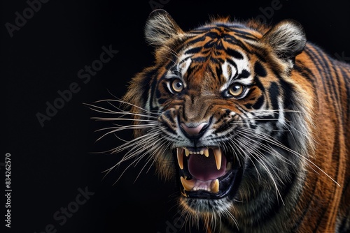 Mystic portrait of Sumatran Tiger in studio  copy space on right side  Anger  Menacing  Headshot  Close-up View Isolated on black background