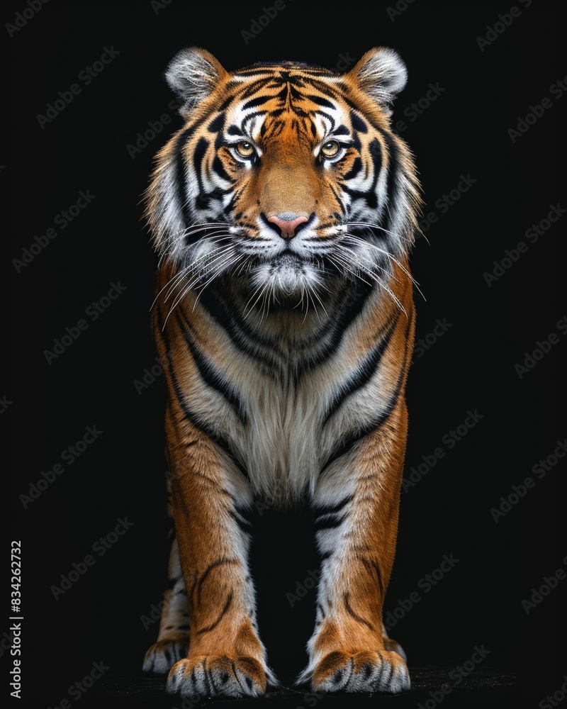 the Bengal Tiger, portrait view, white copy space on right Isolated on black background the Bengal Tiger, portrait view, white copy space on right Isolated on black background