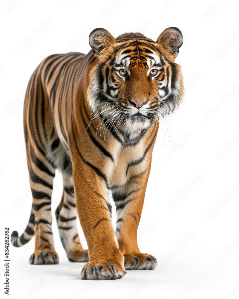 Naklejka premium the Indochinese Tiger, portrait view, white copy space on right Isolated on white background