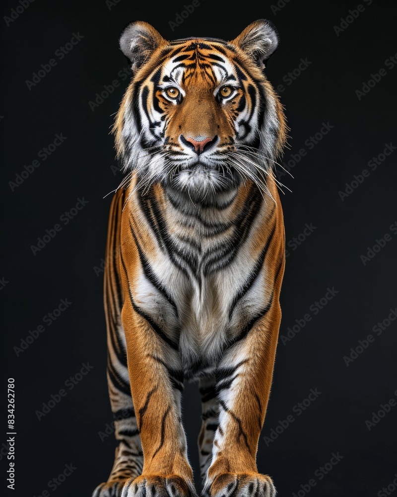 Fototapeta premium the Bengal Tiger, portrait view, white copy space on right Isolated on black background