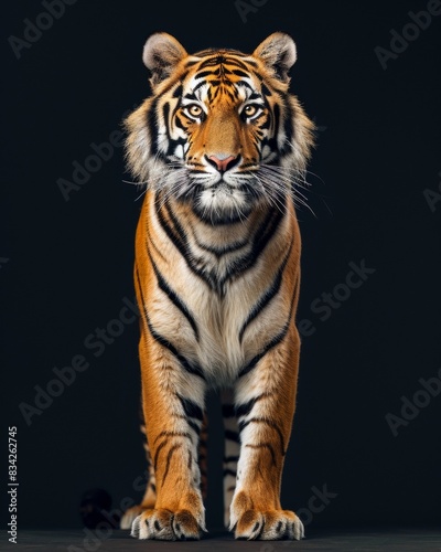 the Bengal Tiger, portrait view, white copy space on right Isolated on black background
